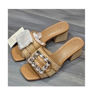 A New Day Kathleen Sandals Raffia Rhinestone Buckle Block Heel Mules Square Toe